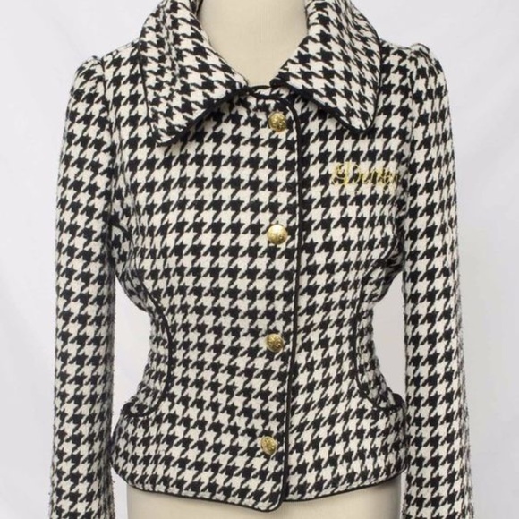 ]NEW Dereon Beyonce Y2K PEPLUM Houndstooth  Black Snap Wool Jacket Coat  M - Picture 6 of 17